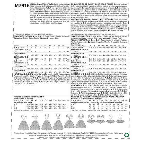 McCalls M7615 Misses Ballet Costume with Tutu Sewing Pattern New Size 14 to 22 - Picture 10 of 11